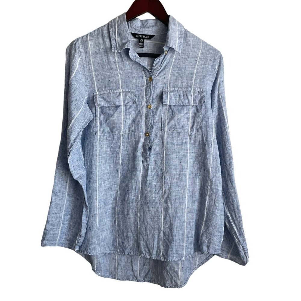 Ellen Tracy Women Coastal Beachy Linen Tunic S Blue Striped Roll Tab Popover